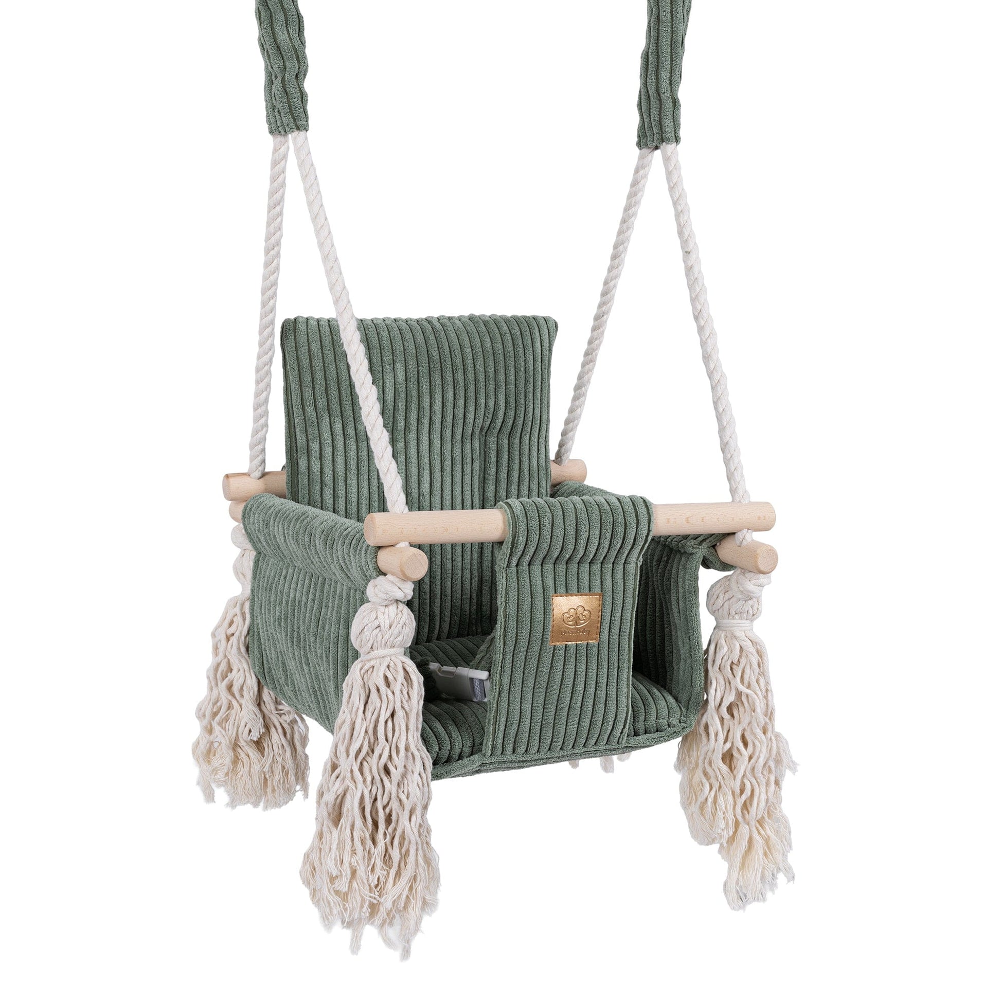 Green corduroy baby swing with tassels